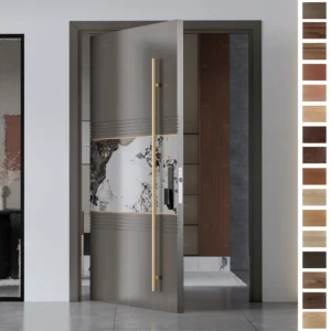 Entry Door with vertical slats and pivot design, made from solid wood.