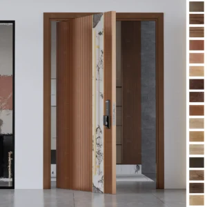 Entry Door featuring solid wood construction and pivot mechanism.