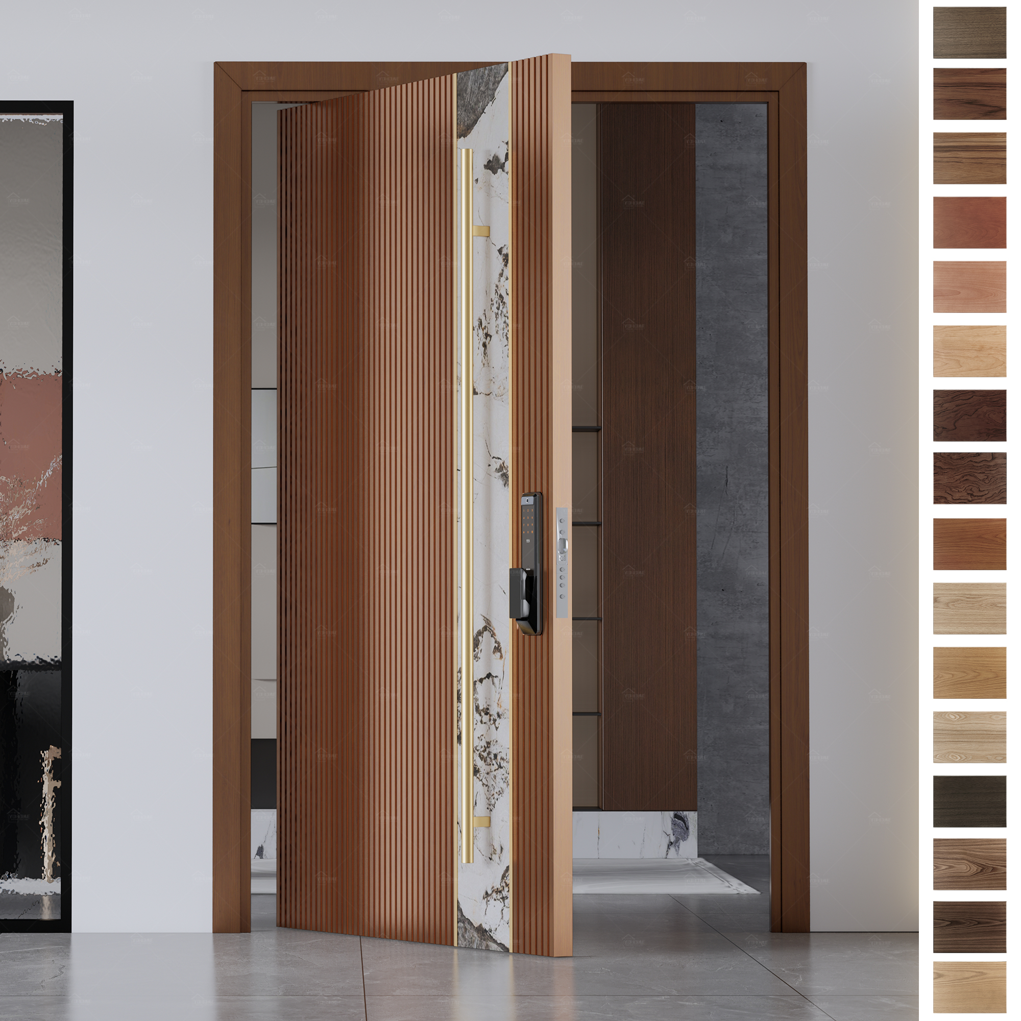 Entry Door featuring solid wood construction and pivot mechanism.