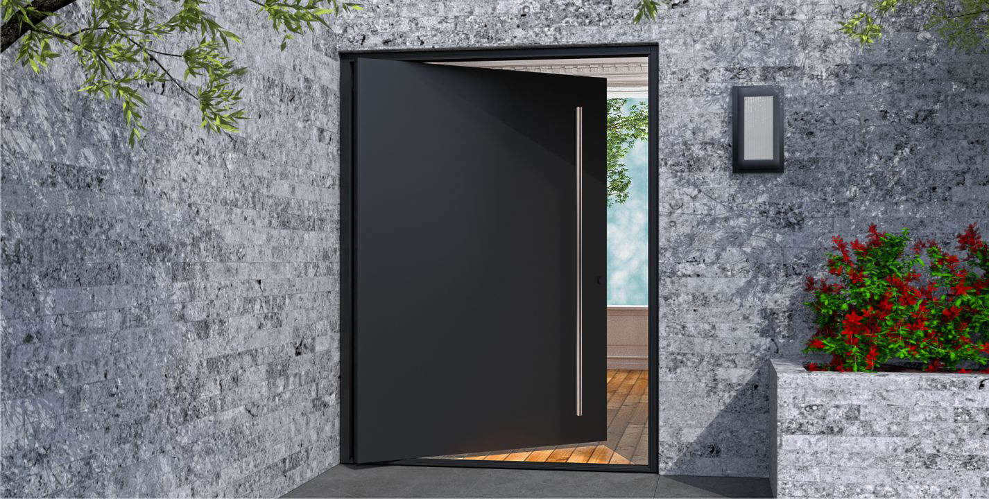 Modern steel entry door with sleek black finish and vertical glass panel, installed on a contemporary home façade.