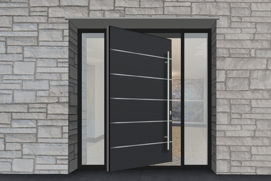 Energy-efficient entry door with multi-point locking system and thermal insulation.