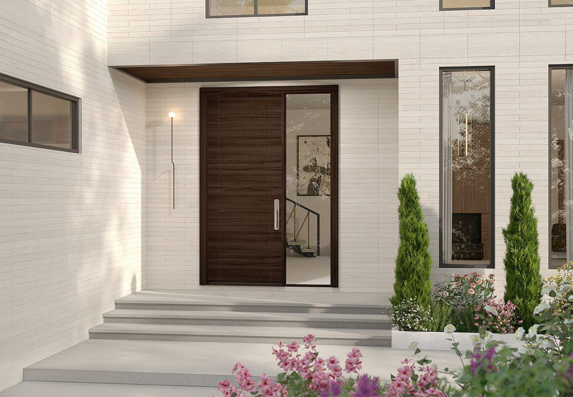 Minimalist black entry door with full-length glass insert for modern homes.