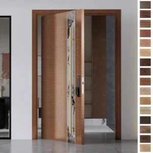 Entry Door made with premium solid wood in a vertical plank style.