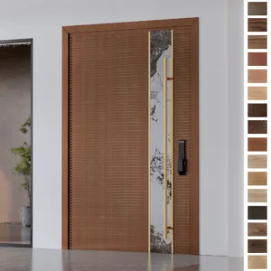 Yohome’s oversized front pivot door combines minimalist design with solid wood.
