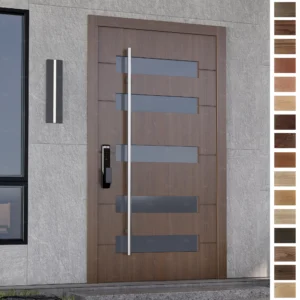 Entry Door made of solid walnut wood with pivot mechanism.