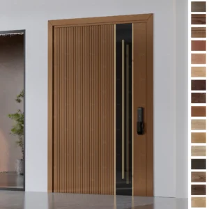 Entry Door in American style with solid oak slat plank design.