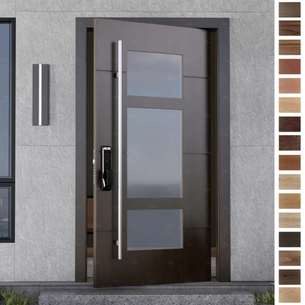 Entry Door crafted in solid wood with smart lock and pivot style.