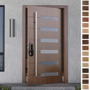 Entry Door with smart locks and wooden pivot design.