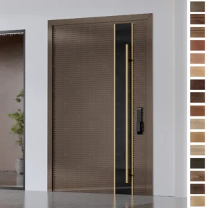 Entry Door custom-made with solid wood and a modern pivot design.