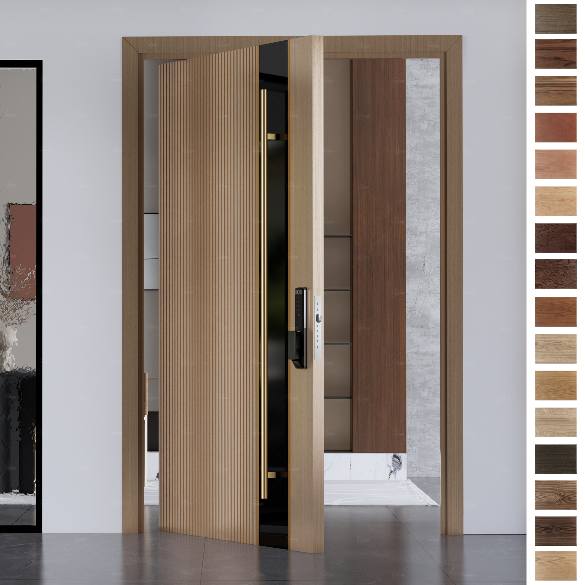 Modern Entry Door with custom handle, pivot opening, and high security.