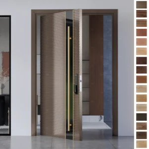 Entry Door in French style with unique gone groove design and solid wood.