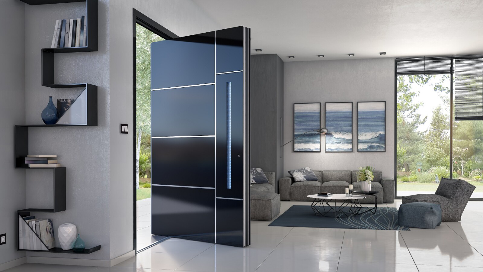 Minimalist black pivot door design featured in a modern villa exterior.