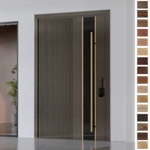 Entry Door for luxury villas featuring oak timber and gold trim strip.