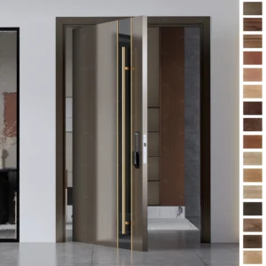 Entry Door crafted from solid stripe wood with a unique painted finish.