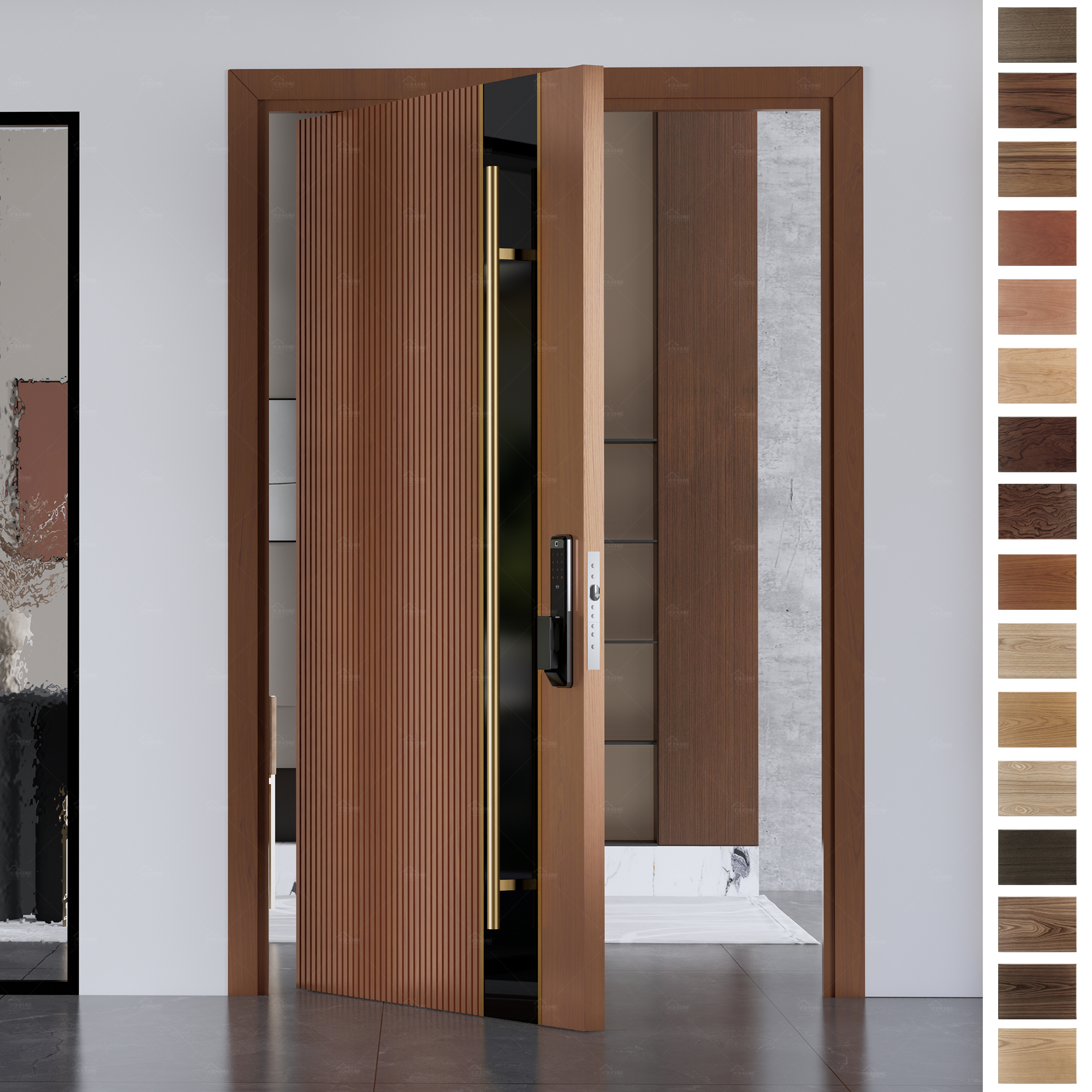 Entry Door crafted by Yohome with a sleek wooden pivot style and smart lock.
