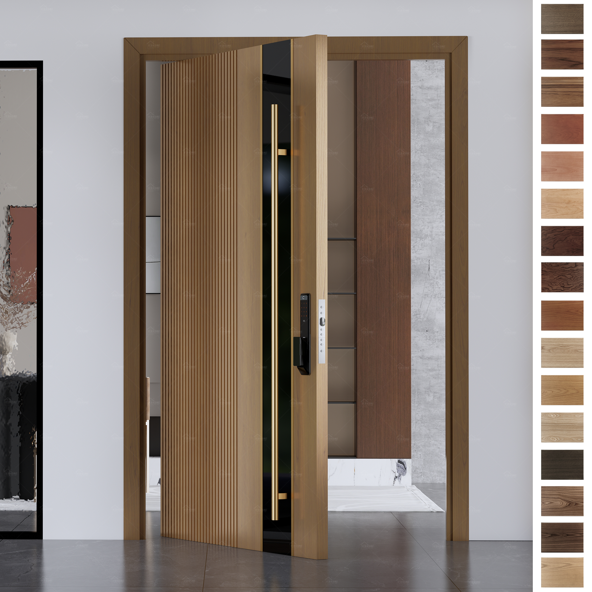 Custom pivot wood doors for houses and office buildings.