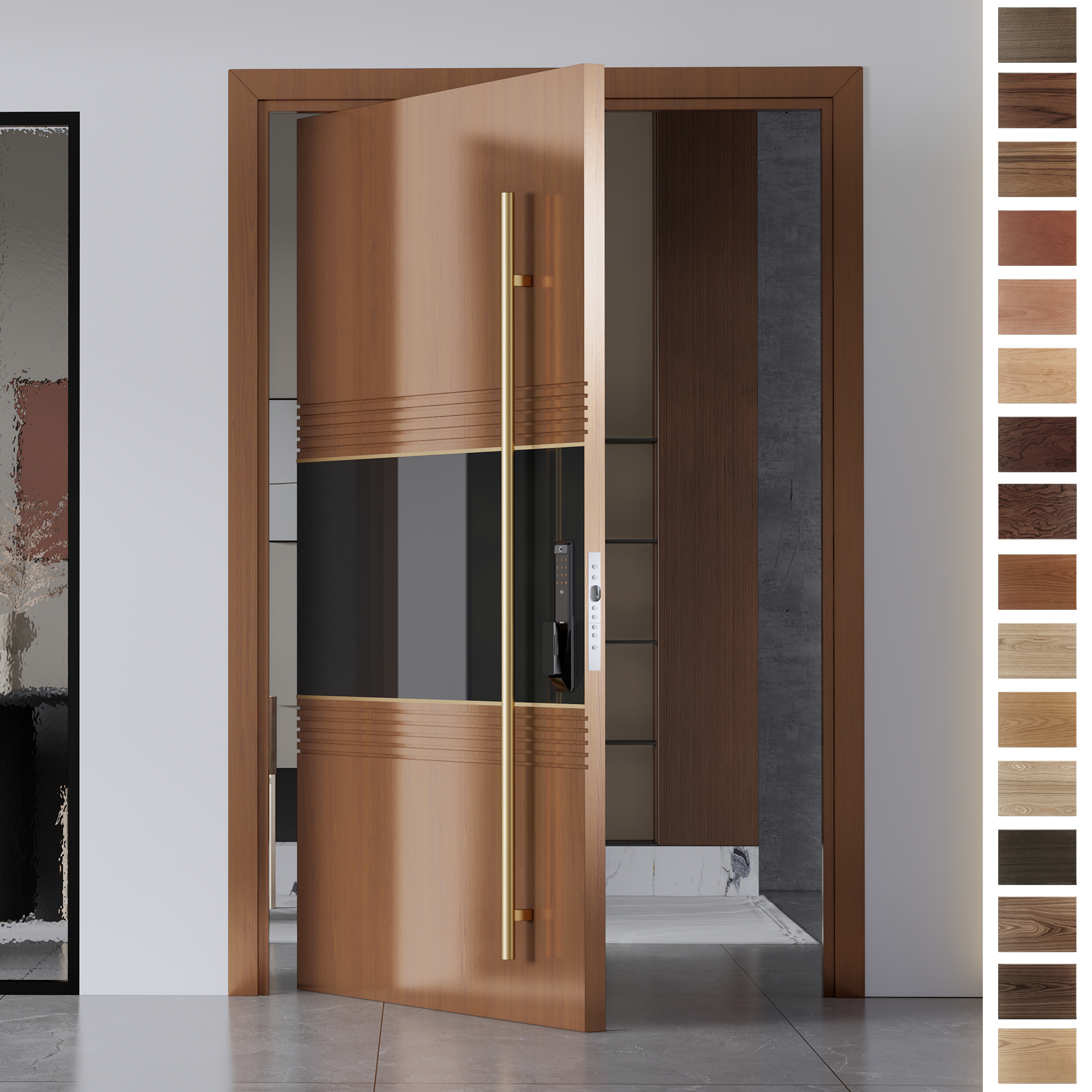 Entry Door crafted from natural oak with a unique handle and pivot design.