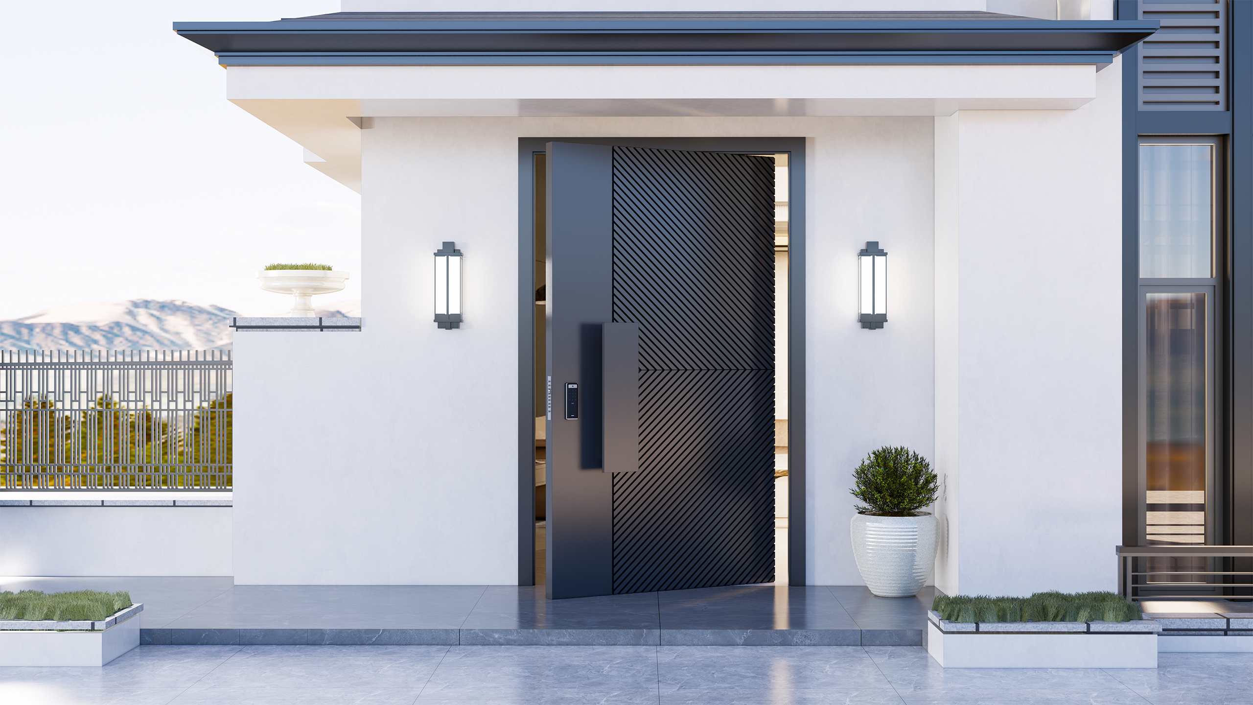 High-security cast aluminum door installed at a contemporary residential villa.