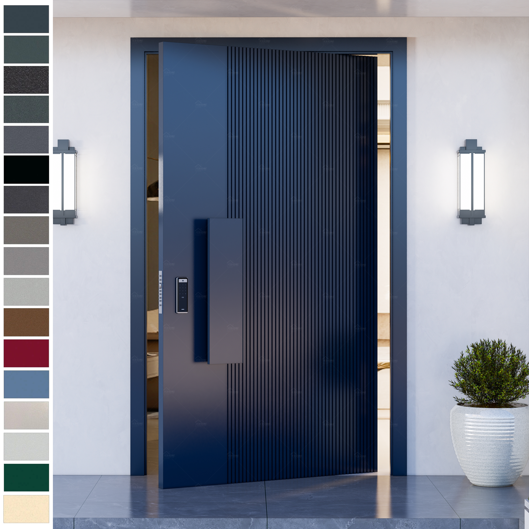 Entry Door featuring European aesthetics, cast aluminum construction.