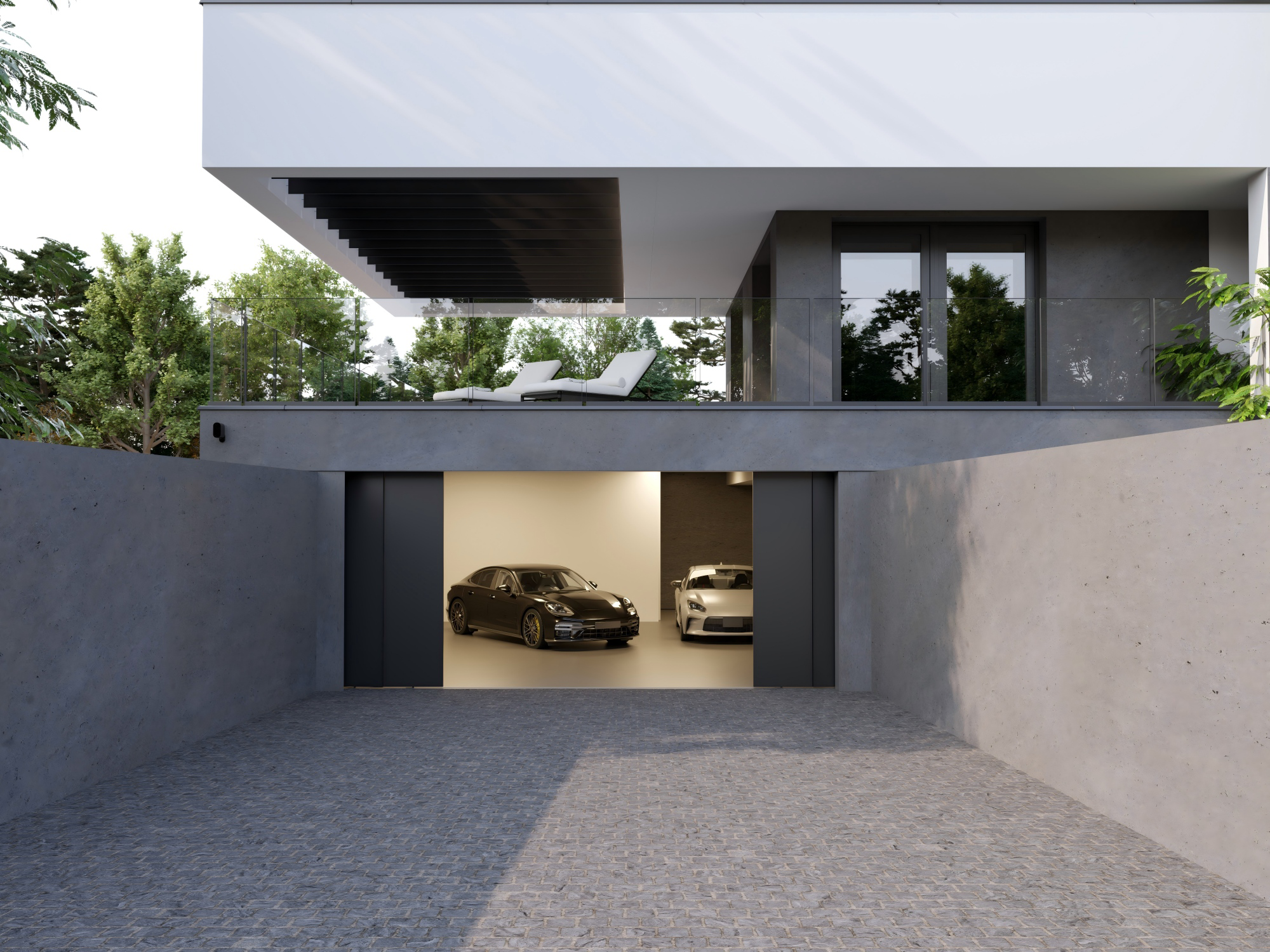 Double garage door providing wide entry for vehicles and storage.