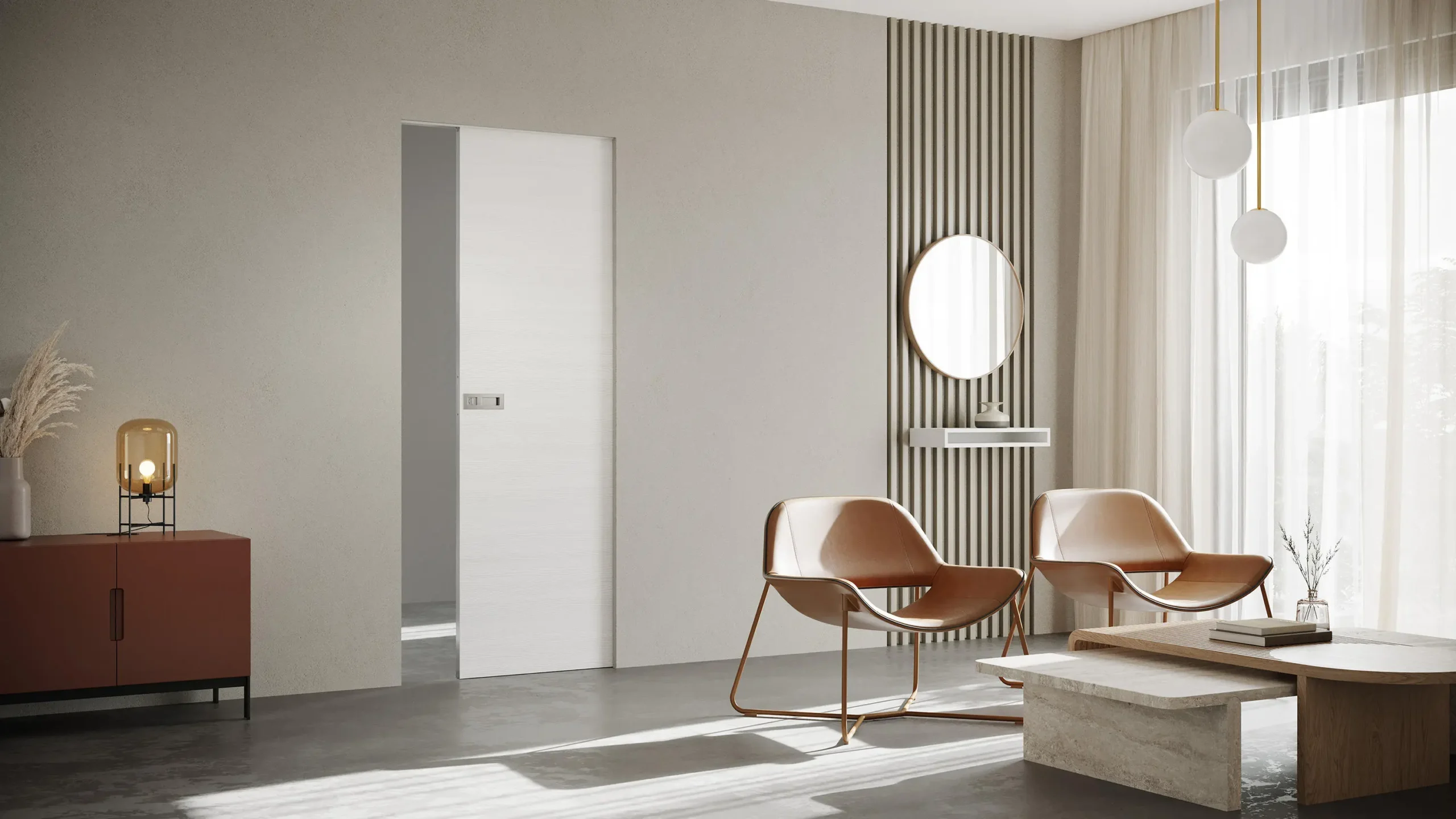 Contemporary bedroom showcasing an elegant white ghost door.