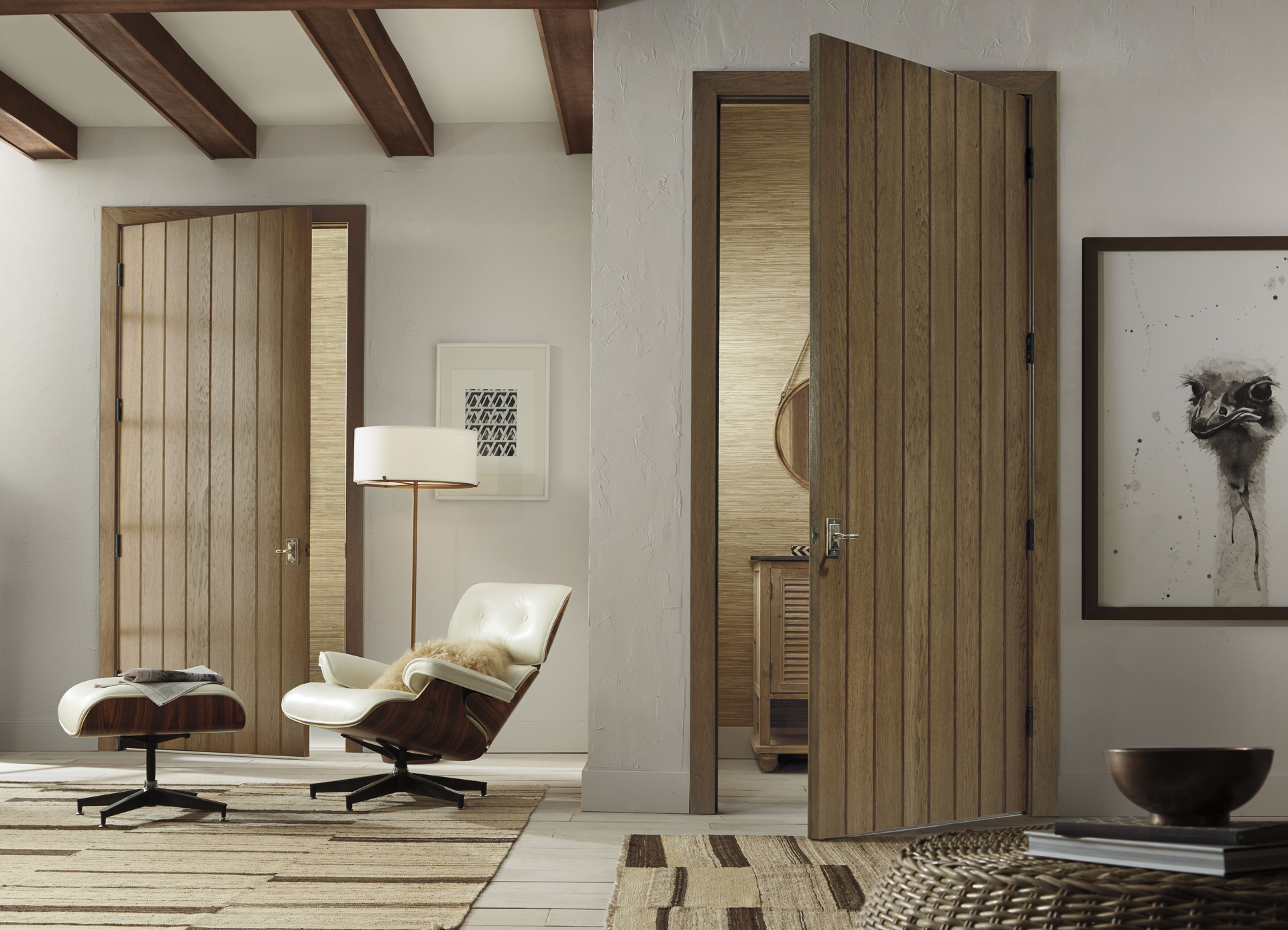 Elegant wood slat door enhancing natural light and ventilation.