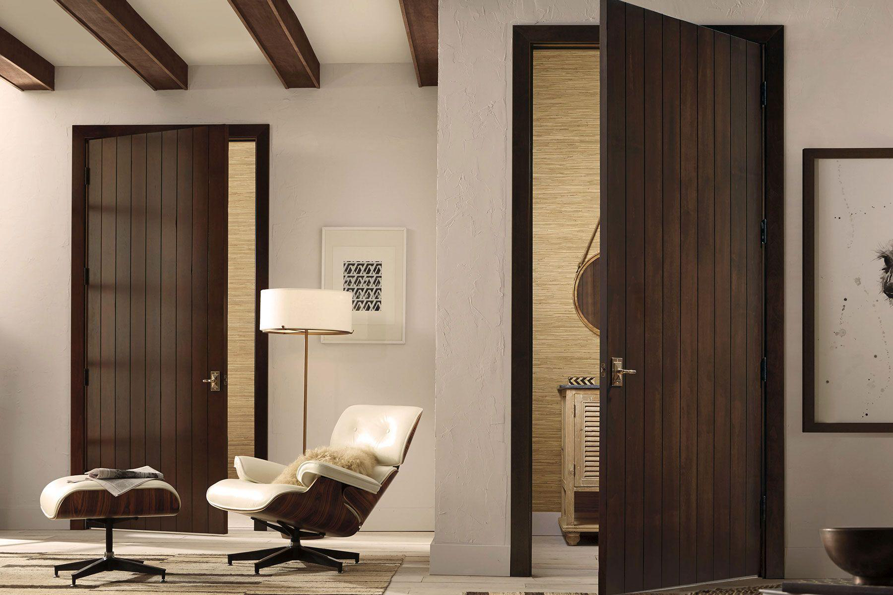 High-quality wood slat door used as a modern room partition.