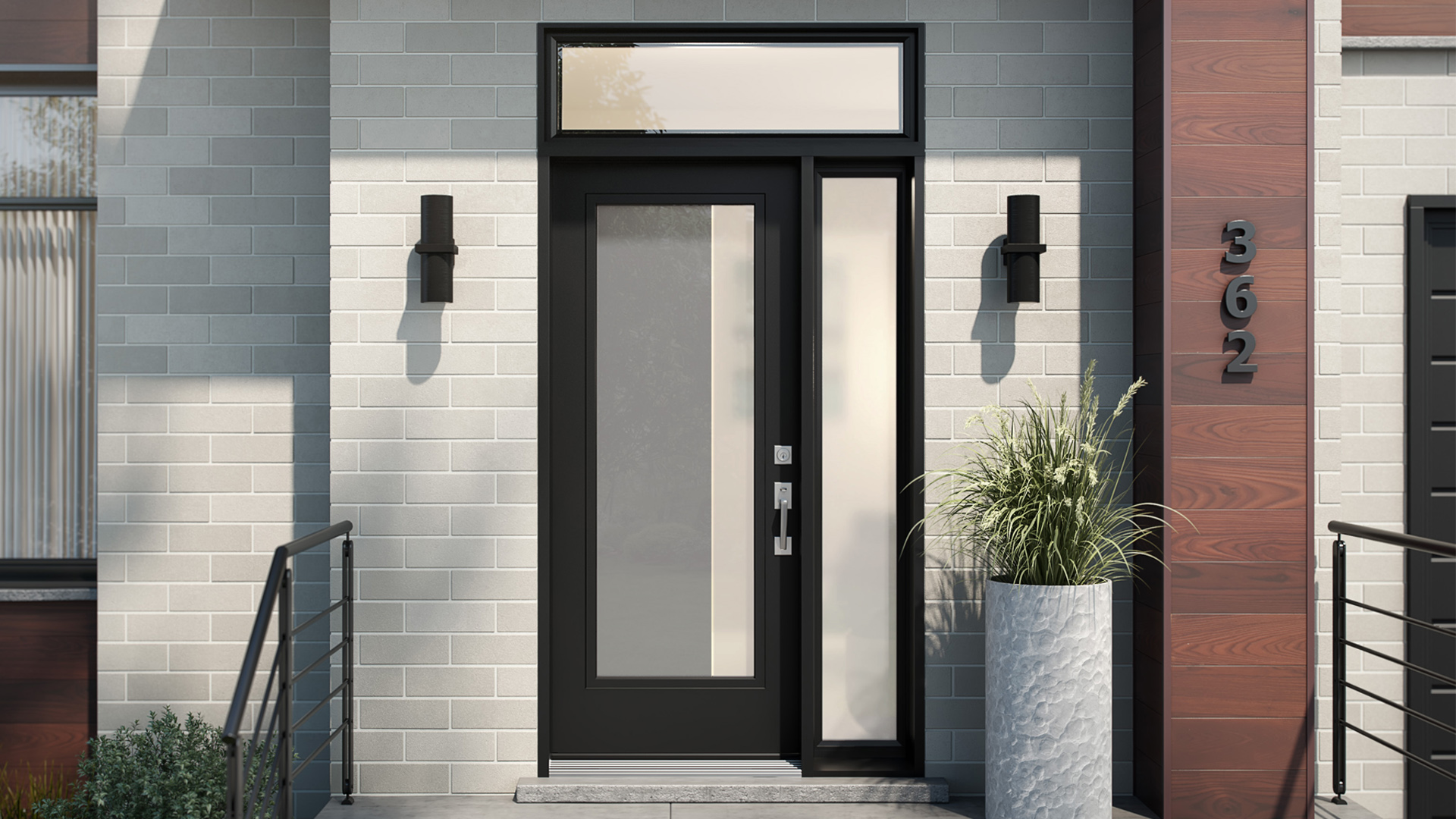 Elegant wooden entrance door with intricate carvings, welcoming guests into a spacious foyer.
