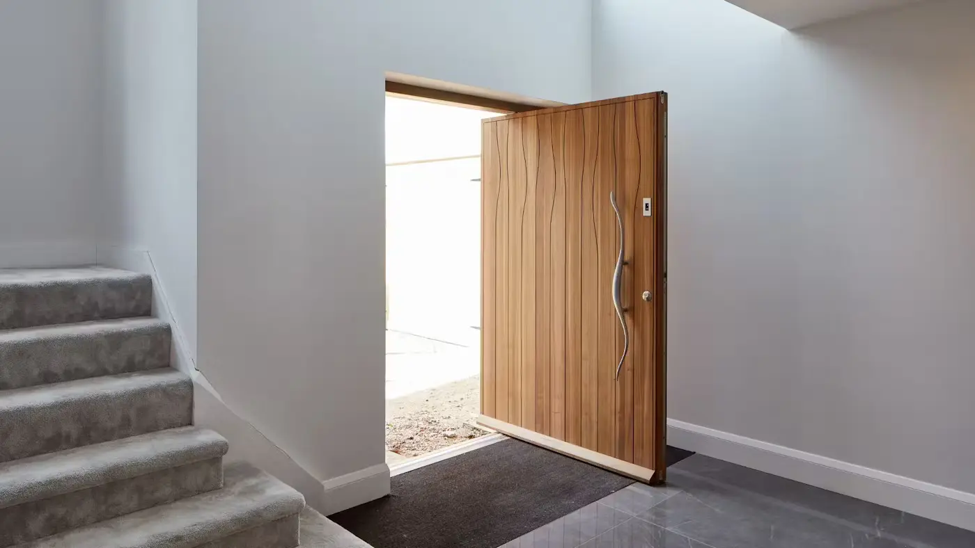 Modern wood entry door with glass panels for a stylish front entrance.